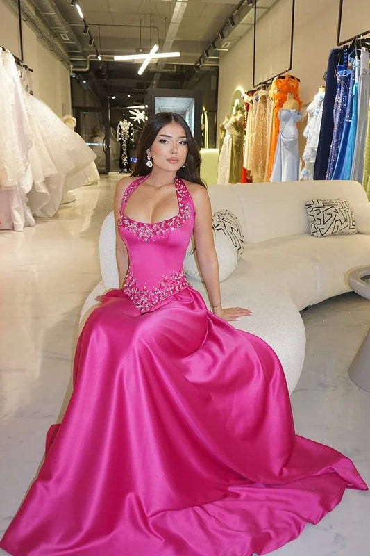 Elegant Fuchsia Halter Sleeveless Satin Prom Dress A-Line Long With Gem Graduation Gown N886