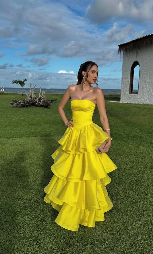 Sexy Ball Gown Strapless Basque Waist Corset Ruffle Yellow Satin Long Formal Party Prom Dresses AB380