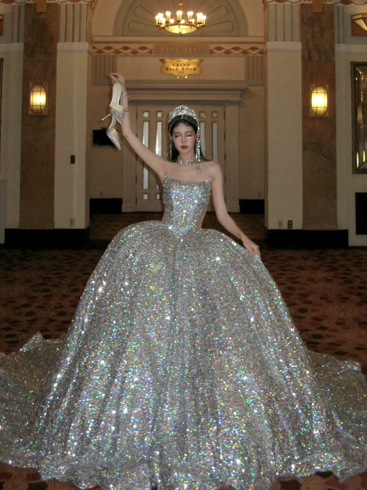 Timeless Ball Gown Strapless Silver Sequin Long Prom Dresses Inspiration Party Dress Prom Gowns RB1956