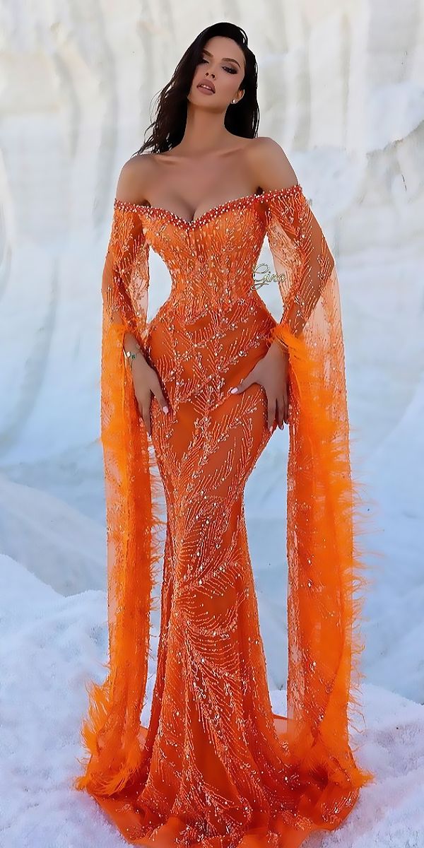 Meerjungfrauen-Abendkleid mit schulterfreiem Schnitt, orangefarben, Pailletten, langes formelles Ballkleid für Damen, AB1750