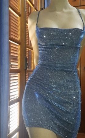 Funkelndes Scheiden-Minikleid Marineblau mit Spaghettiträgern, Abschlusskleider-Inspiration, Senior Homecoming Outfits RB3505
