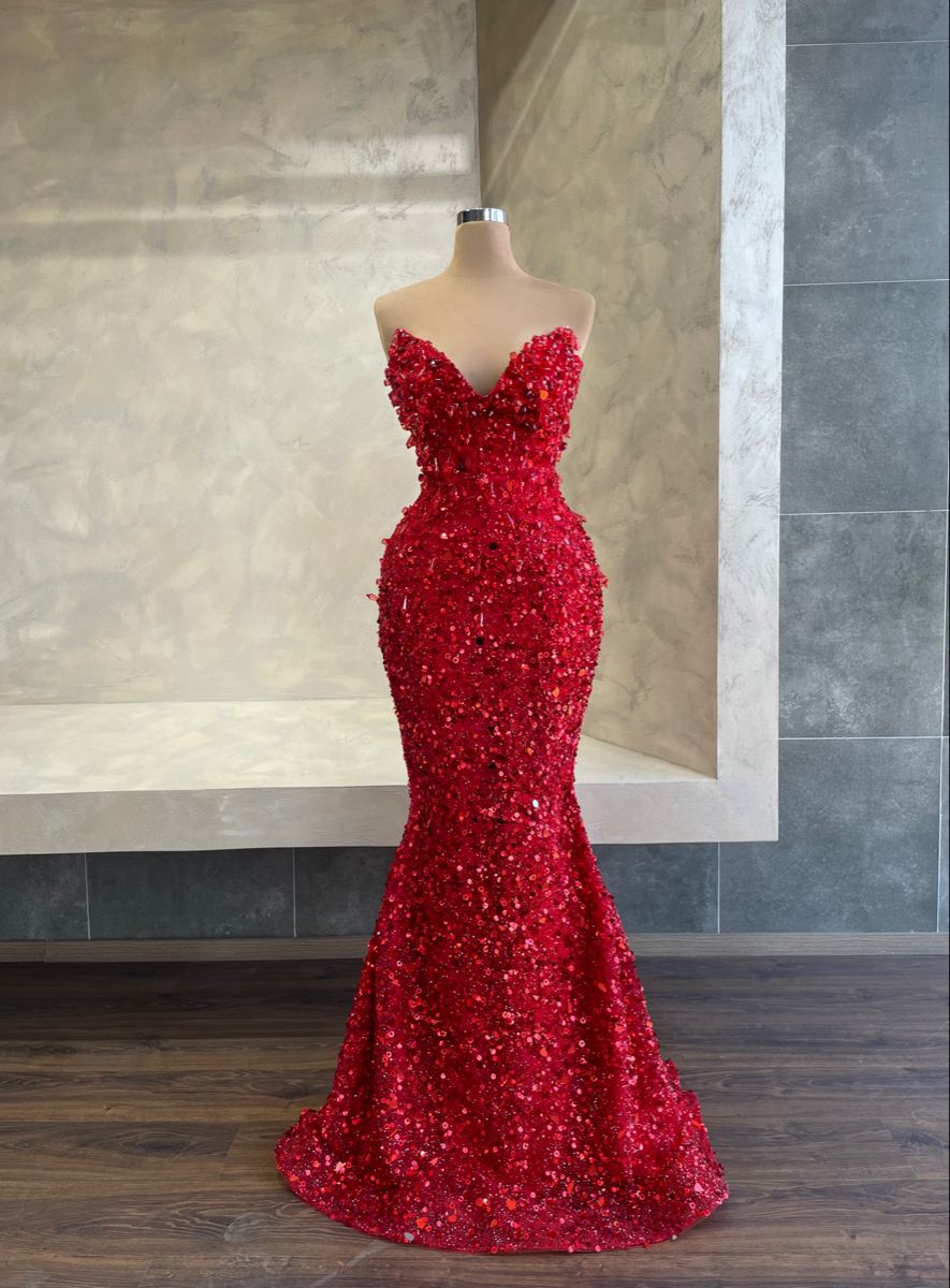 Robe de soirée longue à sequins rouges à décolleté cœur, style sirène scintillante, idéale pour un bal de promo ou un 22e anniversaire (AB1311).