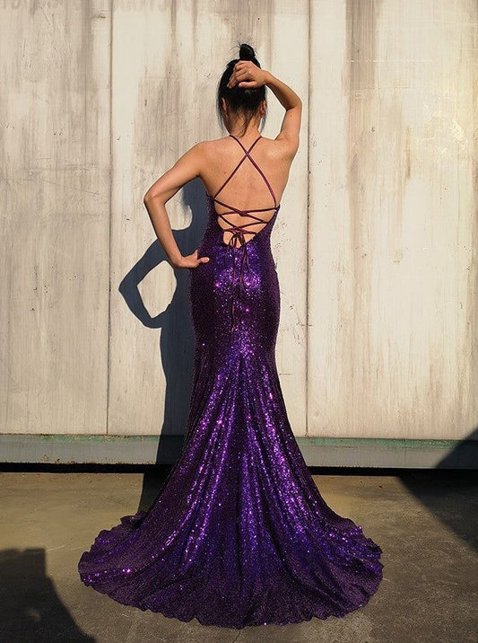 Robe de soirée sirène sexy à fines bretelles et sequins couleur raisin avec fente, idéale pour les fêtes, les bals de fin d'année et les 21 ans (AB1434)