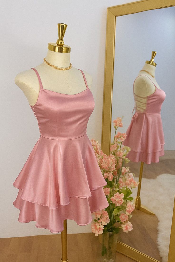Flirty A line Spaghetti Straps Pink Satin Semi-formal High School Senior Grad Short Mini Fall Homecoming Dresses RB4436