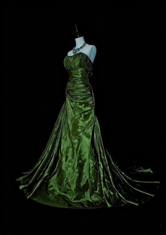 Robe de bal sirène vintage sans bretelles en satin vert olive, sans manches, années 80, longue robe de soirée formelle N1497