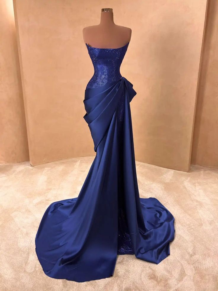 Robe de bal longue sirène bustier bleu roi en satin, inspiration robe de soirée pour femme, robe de cérémonie AB1261