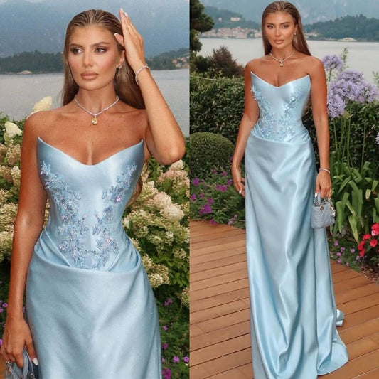 Mermaid Strapless Blue Satin With Appliqueds Lace Long Prom Dresses For Women AB1470