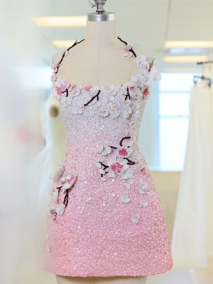Élégante robe de soirée courte et mini rose trapèze à licou avec fleurs 3D et sequins, pour 15e anniversaire, tenue de soirée RB3395