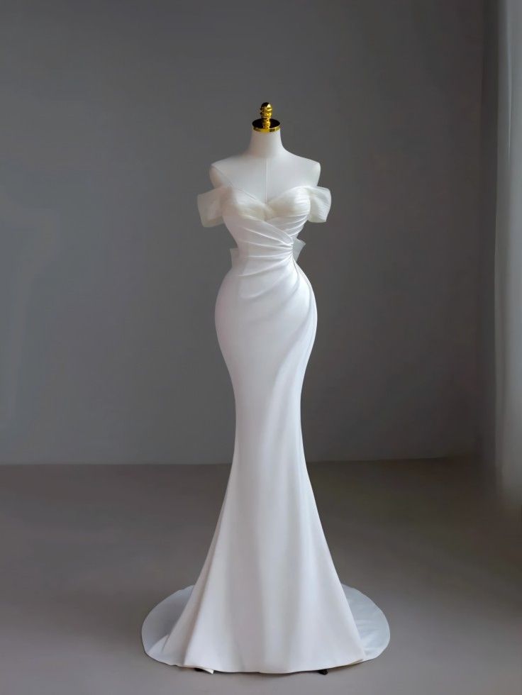Langes Prinzessinnen-Hochzeitskleid im Meerjungfrauenstil, schulterfrei, aus weißem Satin, mit Ärmeln und Schleppe, Brautkleid AB2186