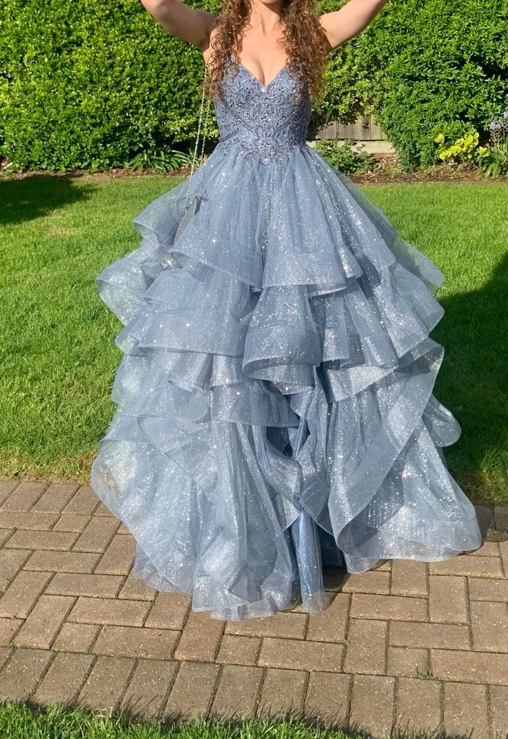 Robe de bal sobre à fines bretelles en tulle bleu, longue robe de soirée formelle AB473