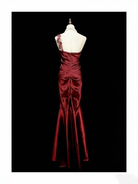 Vintage Fashion Night Aesthetic Mermaid One Shoulder Burgundy 80s 70s 90s College Formal Outfit Long Prom Graduation Dresses N1156