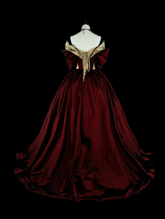 Vintage 1760s Ball Gown Off The Shoulder Burgundy Satin Pleated Long Prom Dresses N1595