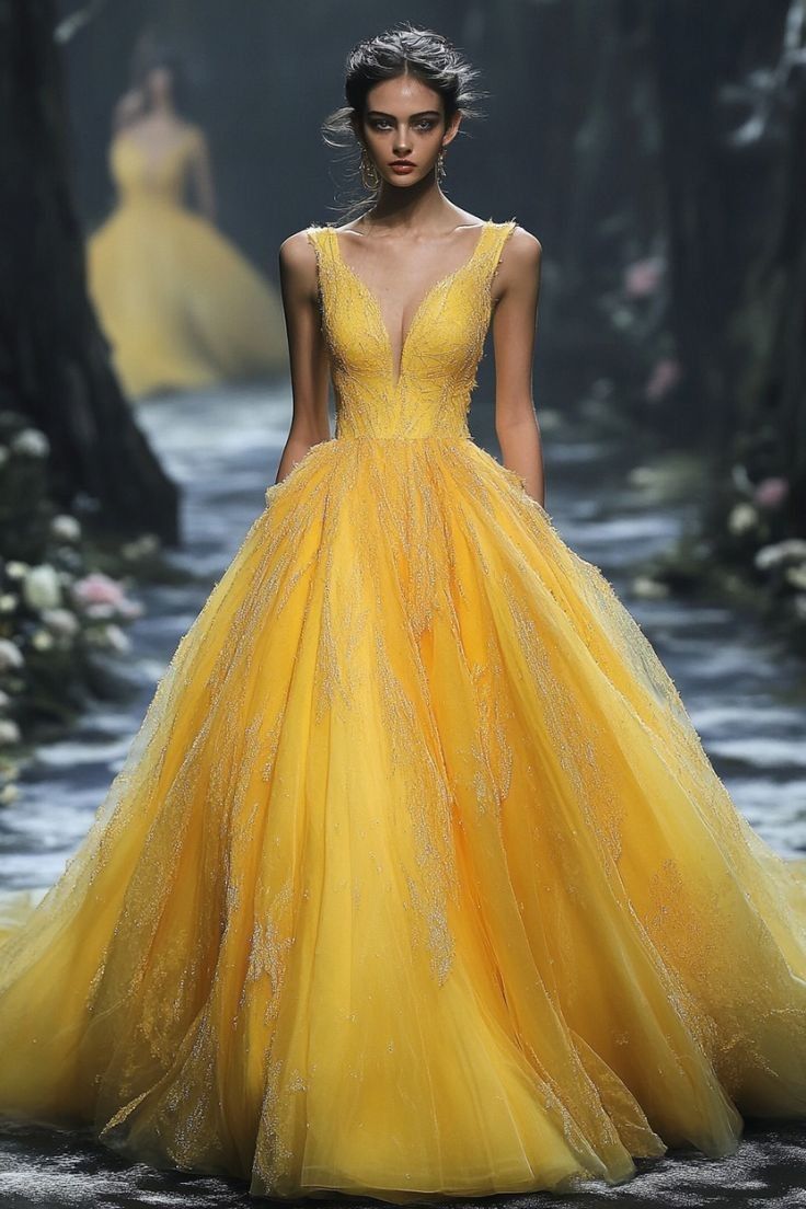 Elegantes Ballkleid mit V-Ausschnitt aus gelbem Tüll, langes formelles Abendkleid für Damen, ideal für Partys und Abschlussbälle, auch als 16. Geburtstagskleid geeignet (AB1278).