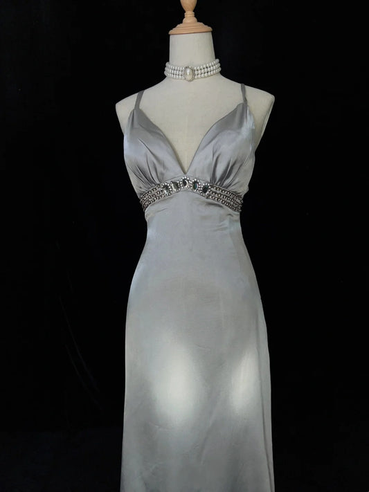 Classy Prom Dresses Inspiration Mermaid Spaghetti Strap Silver Gala Satin Sleeveless Vintage Formal Dress N3181