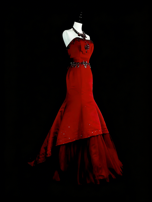 Vintage Prom Dresses Mermaid Red Strapless With Beading 1970s Long Formal Gown N2699