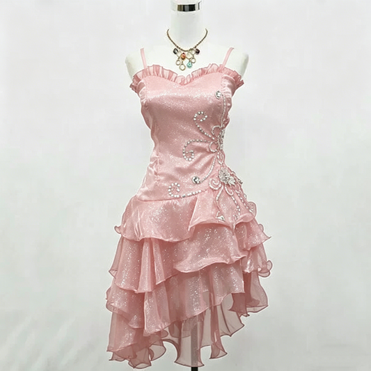 Sparkly Ball Gown Spaghetti Strap Pink Sequin Short Mini Party Dress Cocktail Homecoming Dresses N3908