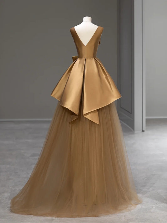Elegant Ball Gown V Neck Gold Satin Long Prom Dresses Inspo Evening Outfits RB3996