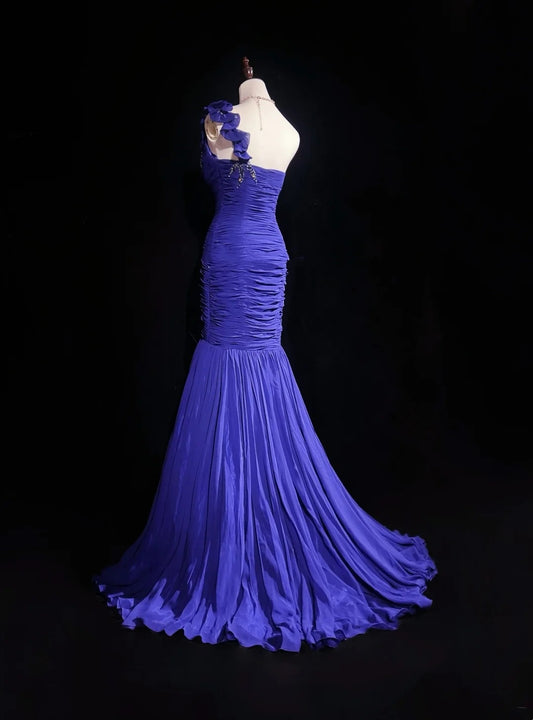Vintage Prom Dresses Mermaid One Shoulder Royal Blue Chiffon With Beading 3D Flowers Long Formal Dress N2458