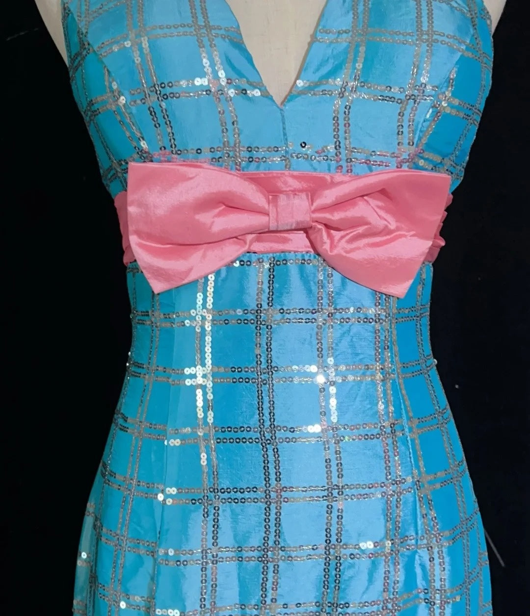 Vintage Abschlussballkleider Meerjungfrau V-Ausschnitt Blau Pailletten Ärmellos 1980er Jahre Langes Abendkleid N2866