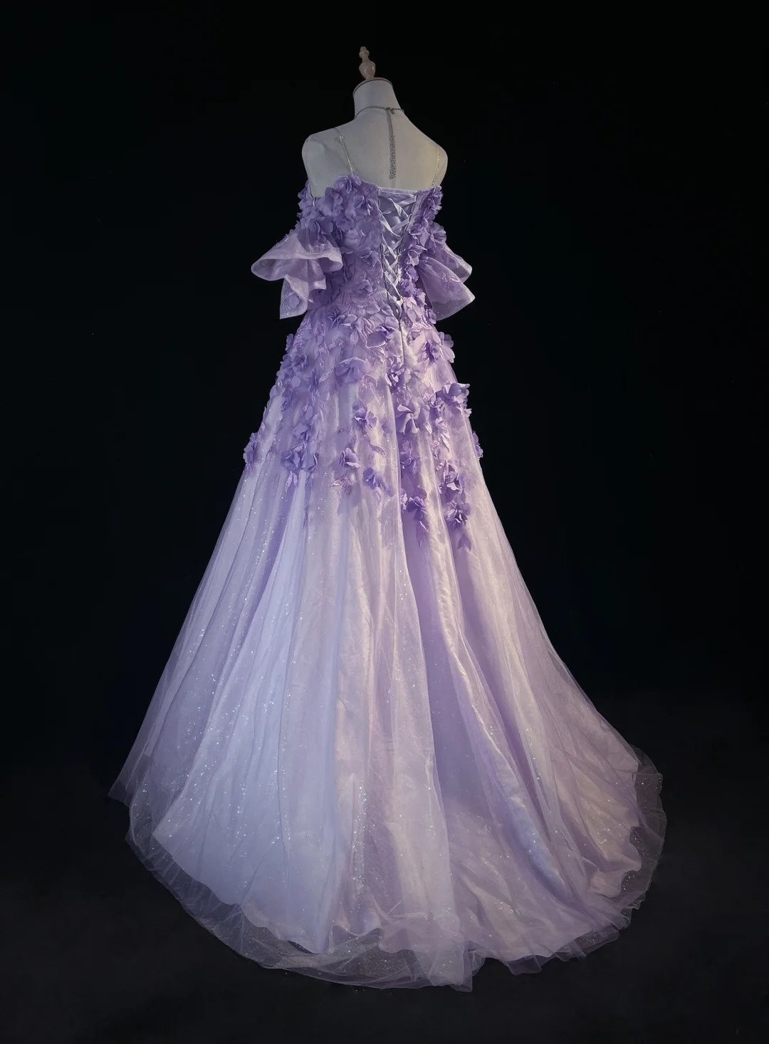 Prinzessinnen-Ballkleider, schulterfrei, fliederfarben, mit 3D-Blumen, festliche Abendmode N3894