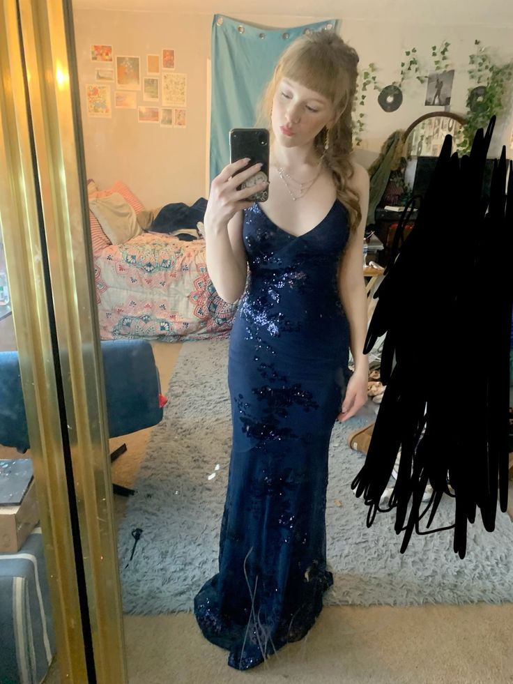 Modest Mermaid Prom Dresses For Women Spaghetti Straps Navy Blue Sequins Party Gown 18th Birthday Gowns N1513