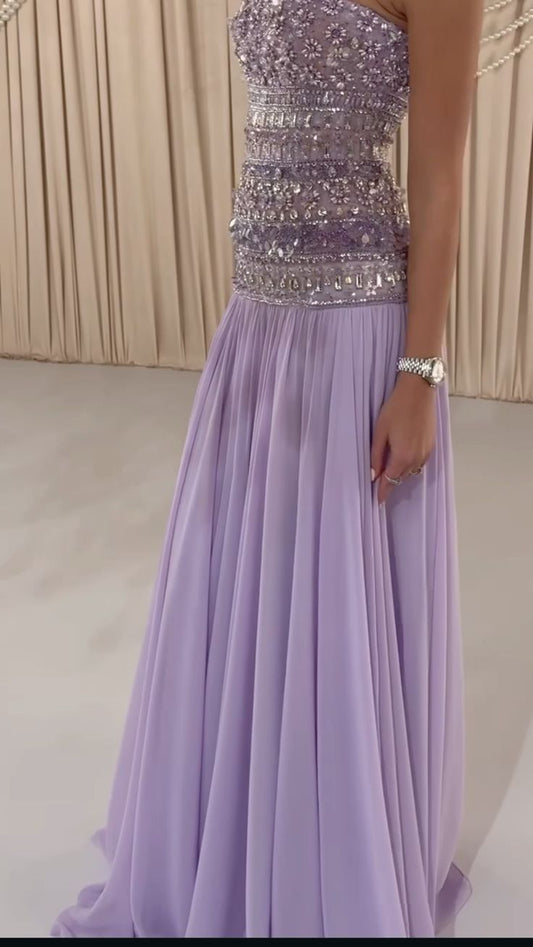 Elegantes, trägerloses, lilafarbenes Chiffon-Abendkleid in A-Linie – Inspiration für Teenager, festliche Outfits, Partykleider, Ballkleider AB005