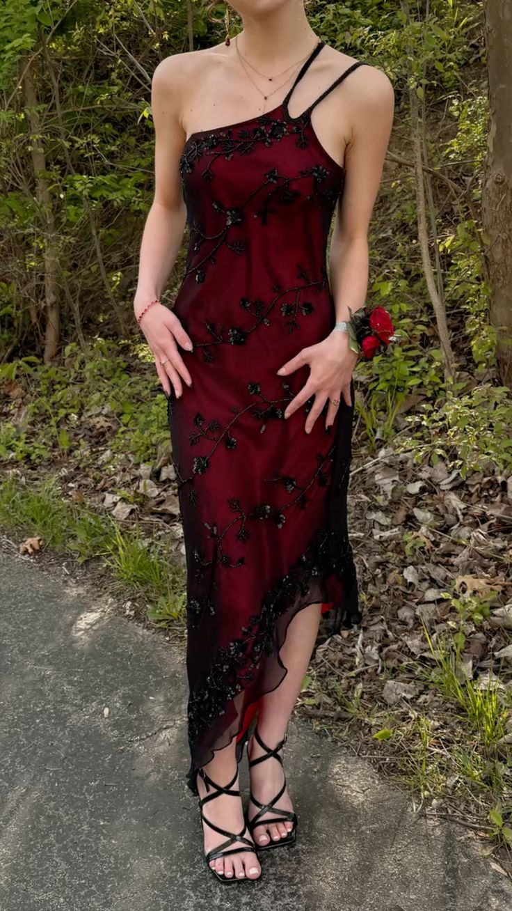 Vintage Abiballkleider Scheide One Shoulder 90er ärmellos Burgund Schwarz Abendkleid Festliches Kleid RB3022