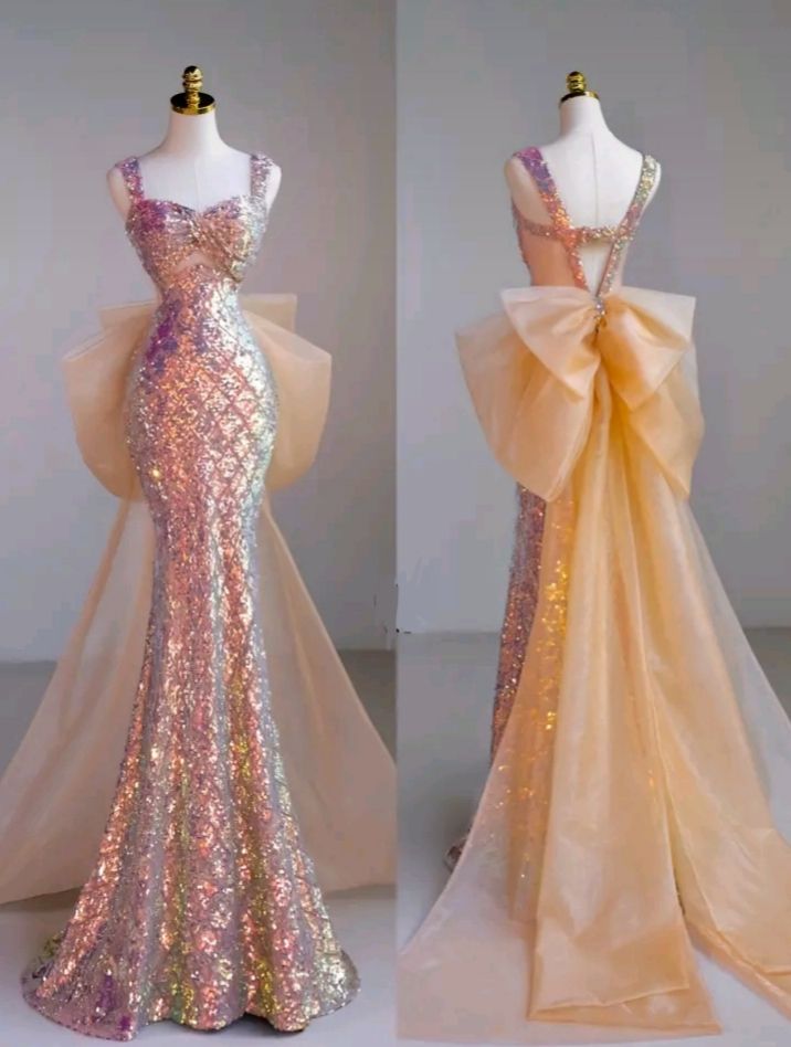Funkelndes Meerjungfrauen-Abendkleid mit Pailletten und Schleife, Maxikleid für Damen, ideal für festliche Anlässe und Partys (AB1223)
