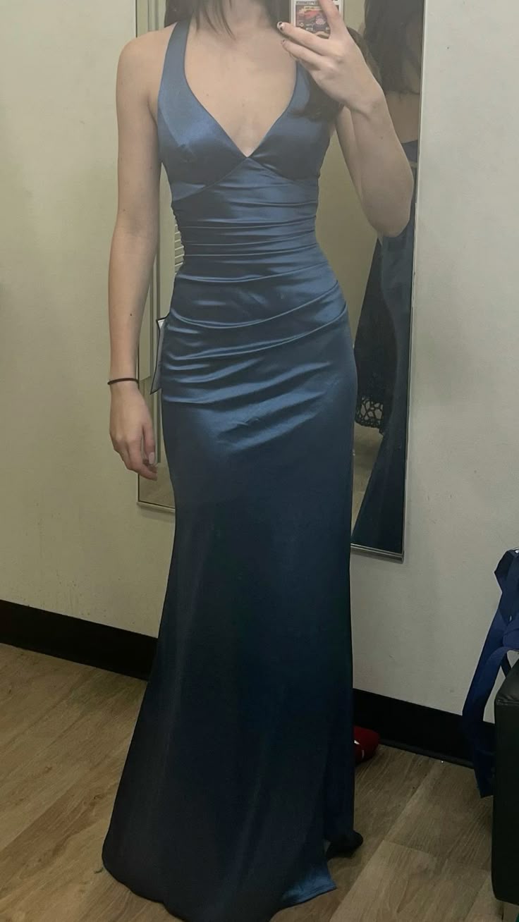 Modest Mermaid V Neckline Marine Ball Dresses Floor Length Formal Gowns Navy Blue Satin Long Prom Dresses Evening Gowns AB753