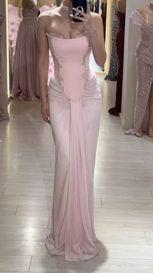Sexy Shimmer Gown Strapless Sleeveless Pink Prom Dresses Mermaid Bodycon For Women N4063
