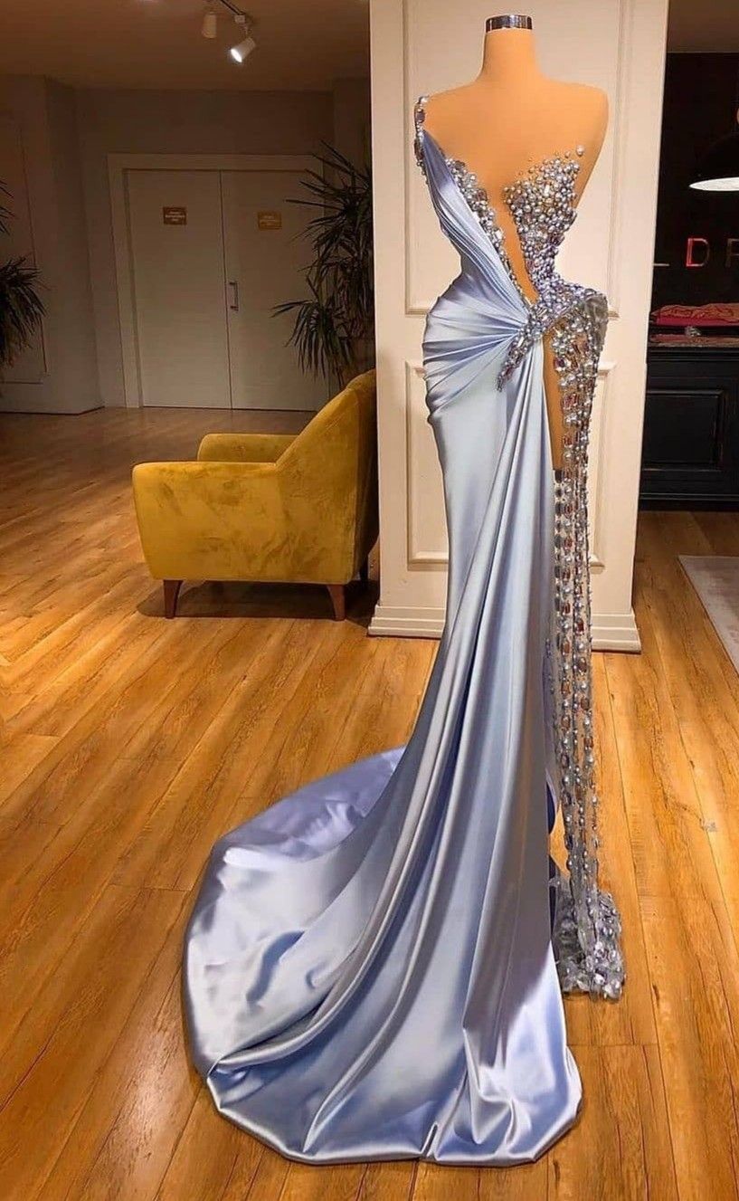 Elegantes, schulterfreies, blaues, perlenbesetztes langes Meerjungfrauen-Abendkleid mit Schlitz – Inspiration für formelle Anlässe und Partys für Damen AB1231