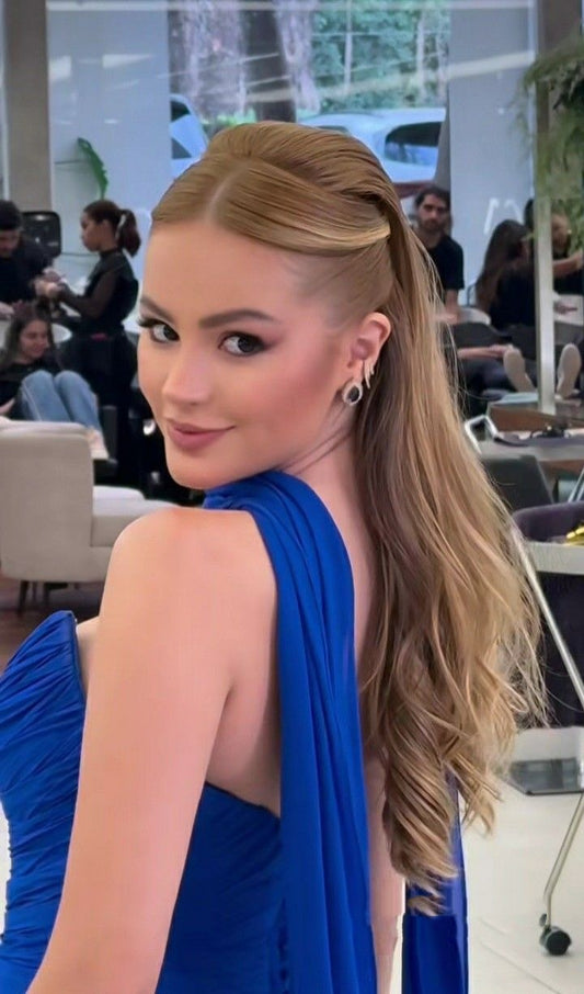 Elegant A line Prom Dresses With Scarf Chiffon Pleated Ruffle Strapless Royal Blue Formal Evening Dress Party Gowns AB411