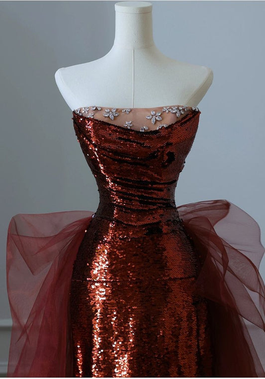 Mermaid Burgundy Mermaid Sequins Tulle Strapless Prom Dress Inspiration Prom Dresses AB127
