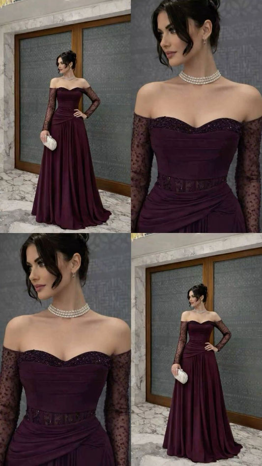 Sexy A Line Off The Shoulder Grape With Sleeves Beaded Prom Dresses Long Evening Formal Gown Wedding Party Gowns N365