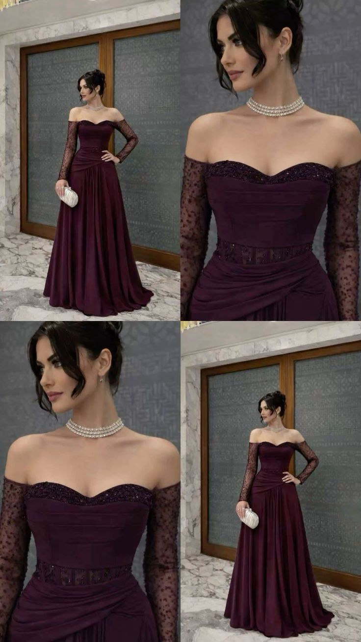 Sexy A-Linien-Abendkleid mit schulterfreiem Rock, weinroten Ärmeln und Perlenbesatz, langes formelles Abendkleid, Brautkleid N365
