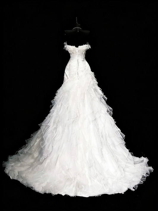 Vintage 80s Wedding Dresses Mermaid Strapless Tulle White Ruched Layers Long Brides Dress Fitted Bridal Gown N1208
