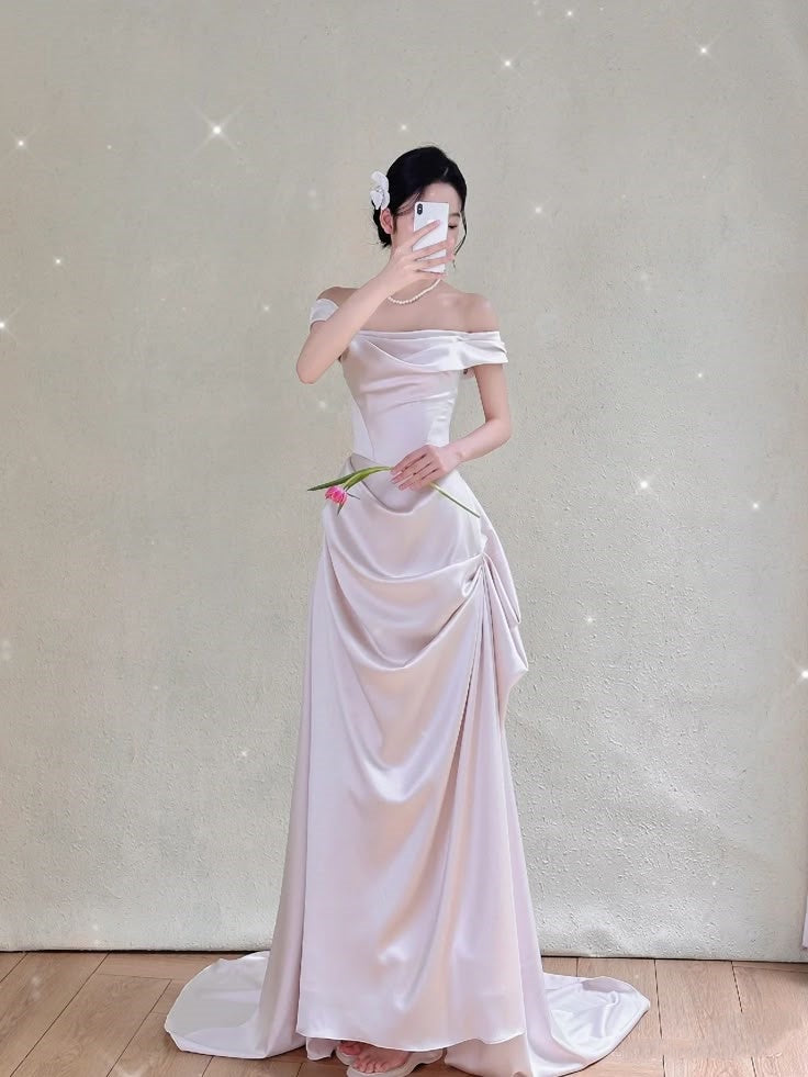 Modest Mermaid Off The Shoulder Fitted Corset Light Pink Long Wedding Dress Bride Gowns Wedding Dresses AB040
