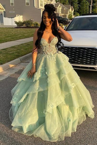 Robe de bal élégante couleur sauge, à volants et décolleté en cœur, corset long, AB481