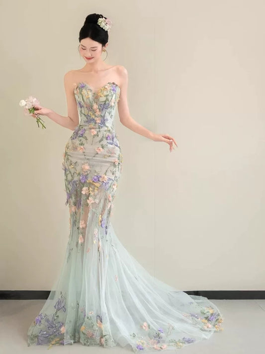 Robe de bal longue sirène princesse à décolleté cœur en dentelle florale, style tendance pour adolescentes, robe de soirée, robe de bal AB2221