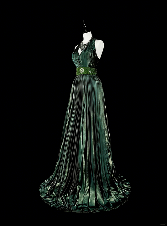 Robe de bal longue vintage années 80, plissée, sans manches, coupe trapèze, dos nu, ornée de perles, N1465