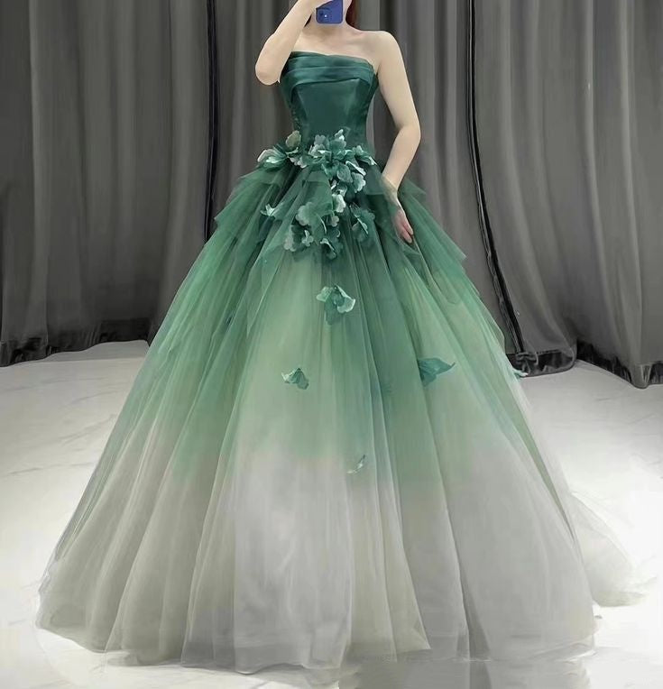 Elegantes, trägerloses, langes Ballkleid aus grünem Tüll – formelles Abendkleid für Teenager und Mädchen, AB2137