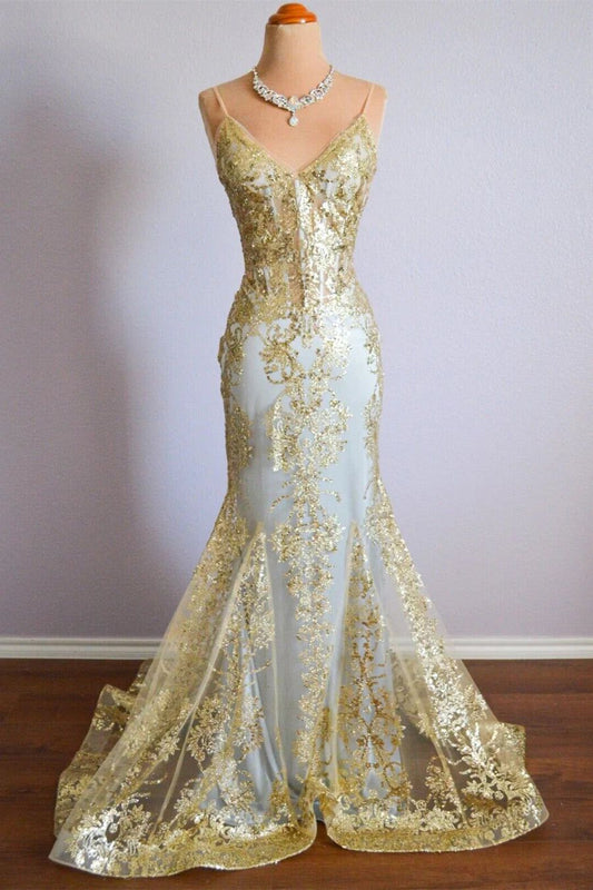 Classy Mermaid Spaghetti Straps Gold Sequin Inspo For Black Women Girls Formal Party Gowns Long Prom Dresses AB1779