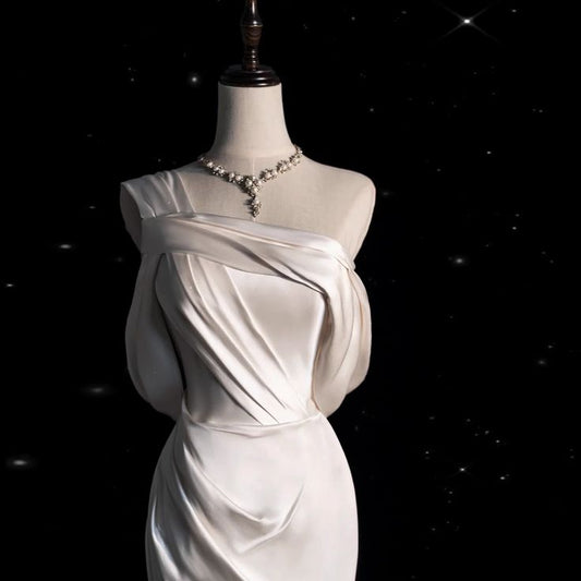 Mermaid Ivory White Satin One Shoulder Pleats Wedding Dress AB973
