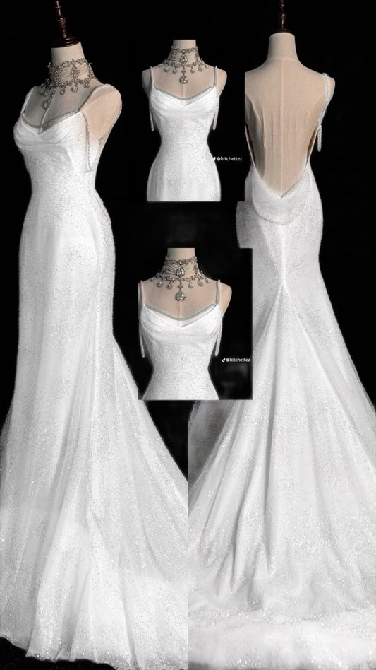Mermaid Ivory White Sequin Spaghetti Straps Long Backless Pleats Wedding Dress AB976