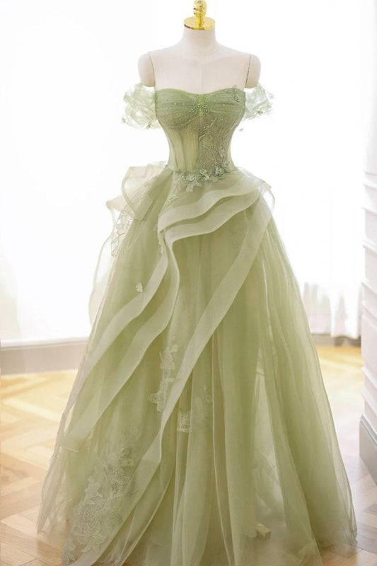 Elegant Sage Green Tulle Lace Prom Dress Off The Shoulder Long Evening Party Dress Prom Gowns AB327