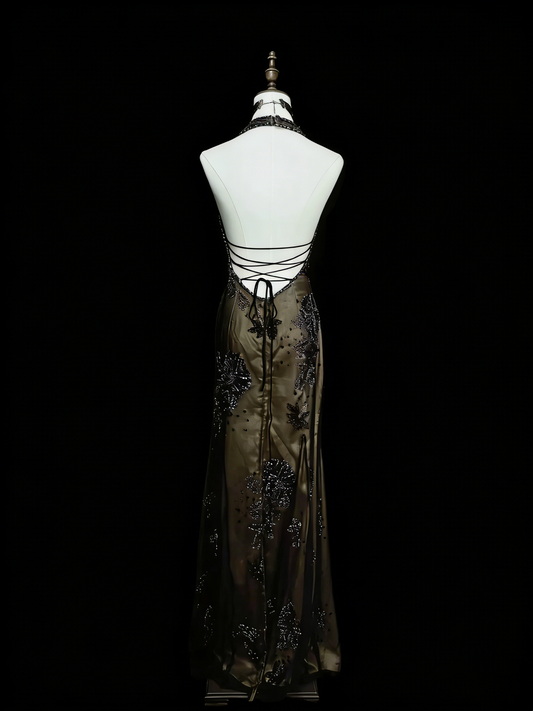 Robe de bal longue sirène vintage dos nu en satin sans manches, style années 80, référence N1452