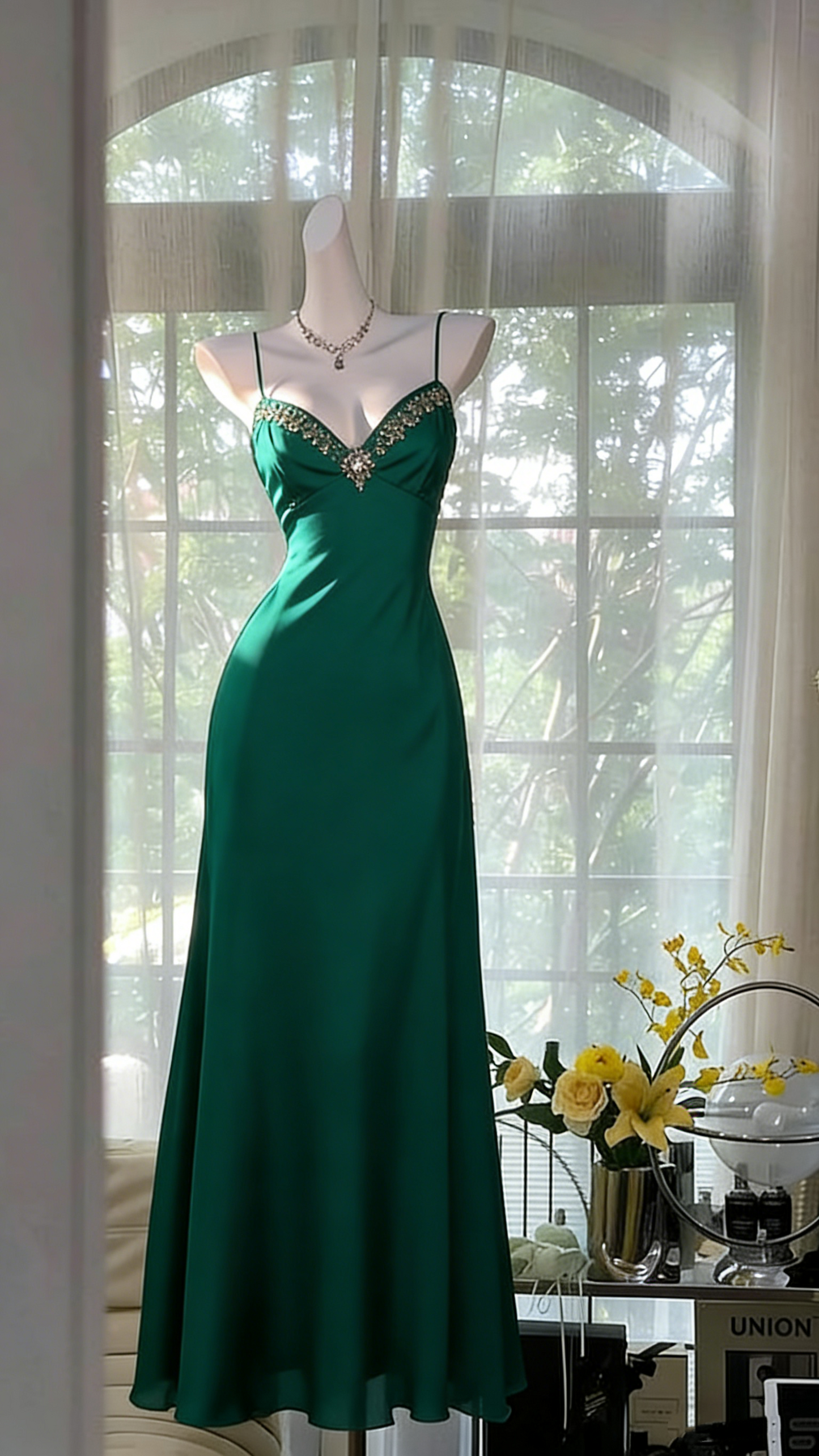 Classy A Line Spaghetti Strap Green Senior Prom dresses High School Long Formal Dresses N1240