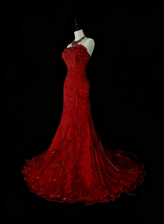 Vintage Mermaid Strapless Red 2000s With Silver Beads Prom Dresses Long Formal Party Gown N1356