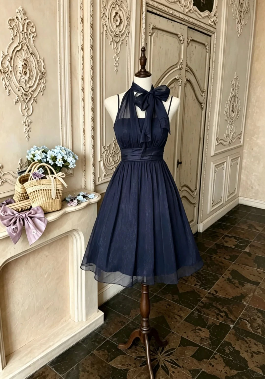 Classy A Line Halter Navy Blue Tulle Night Knee Length Graduation Dress Inspo Senior Homecoming Outfits RB4788