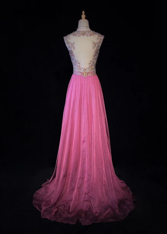 Belles robes de bal trapèze bustier cœur rose vif avec corsage perlé mousseline longues tenues de soirée N3349